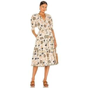 NWD Ulla Johnson Dasha Midi Ruffle Dress Size 2 Missing Belt Cream Multi #1C443
